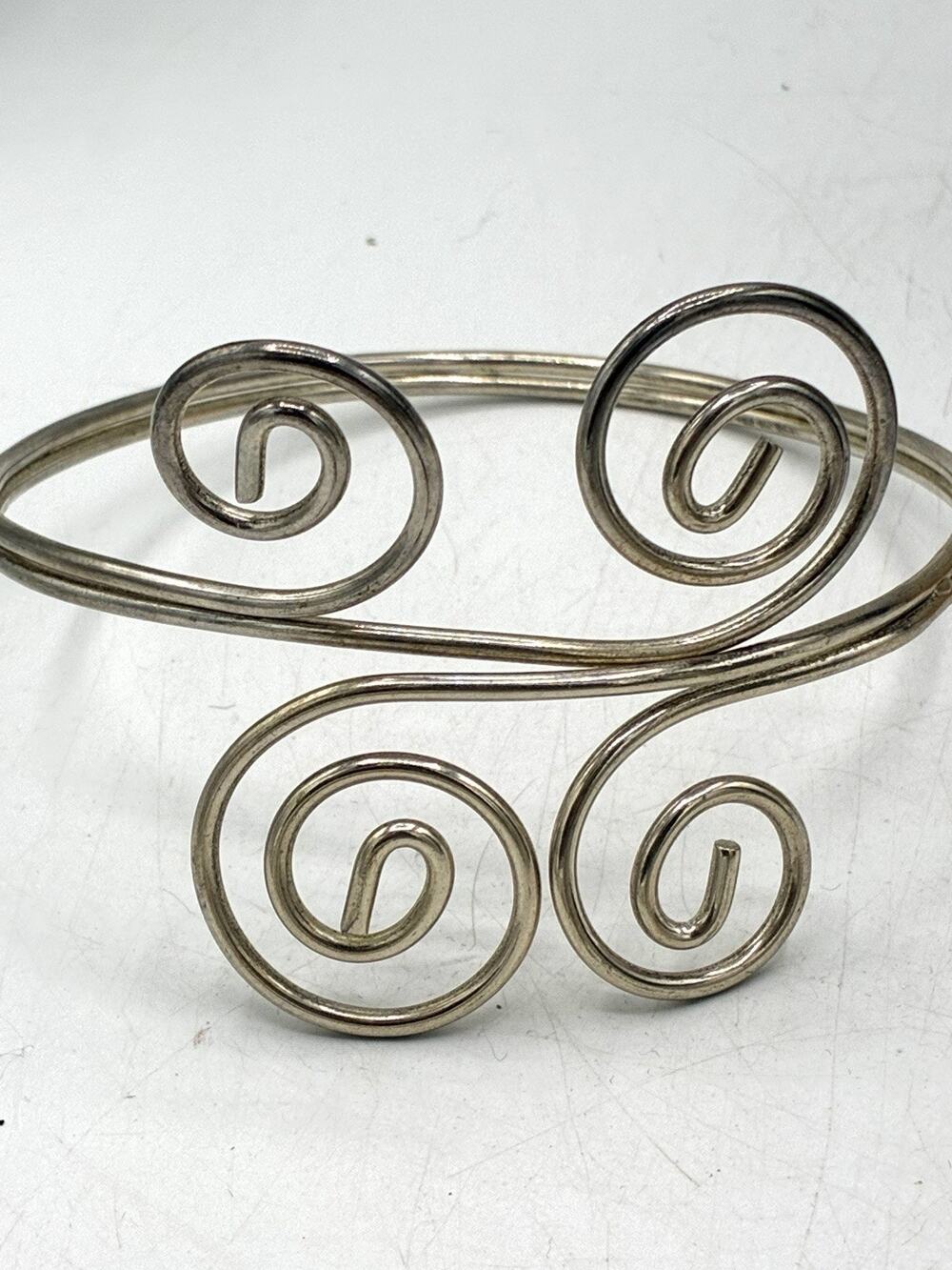 Vintage Silver Tone Wire Scroll Cuff — Spiral Boho Bracelet, Upper Arm or Wrist